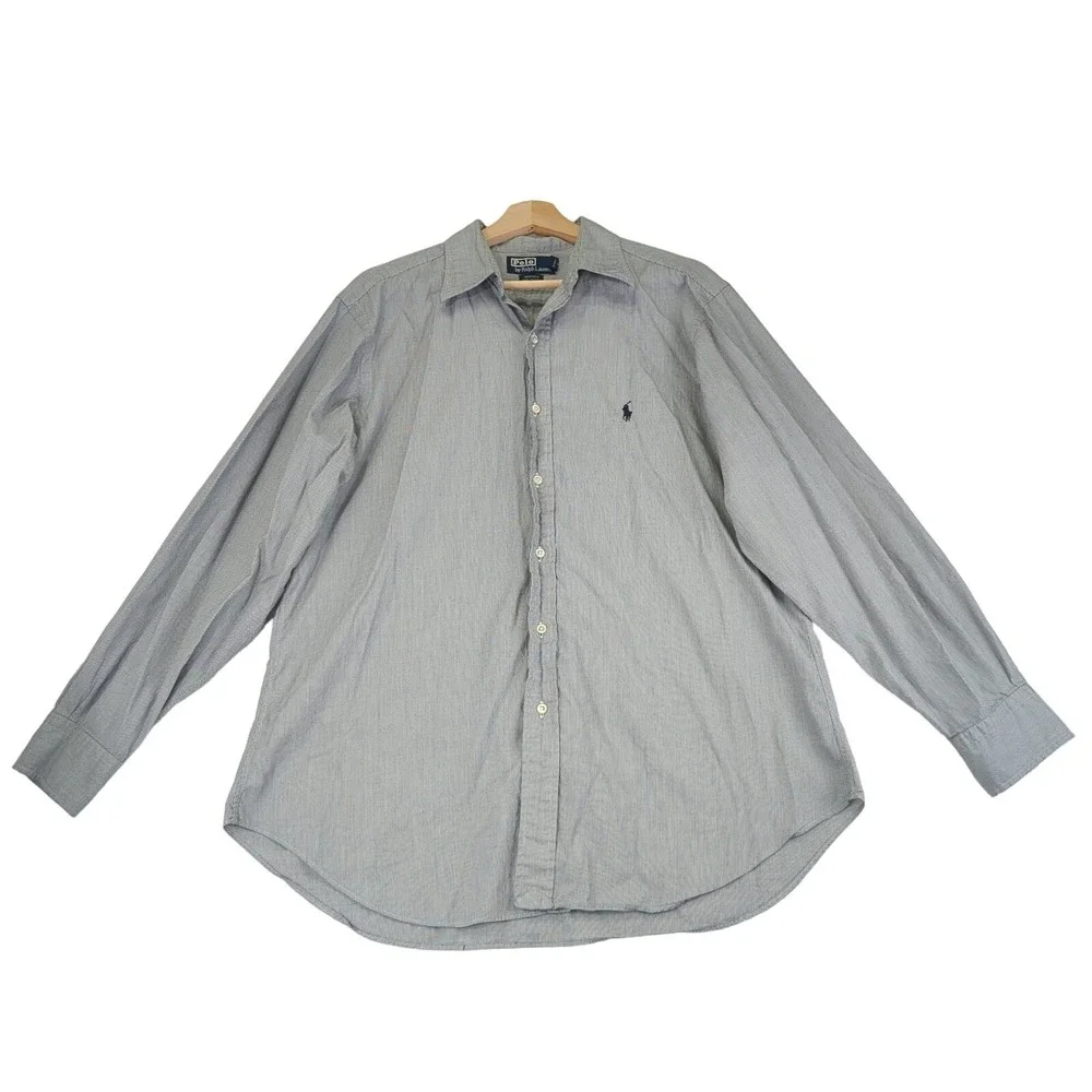Polo Ralph Lauren Andrew Mens 16.5 34/35 Blue White Micro Stripe Cotton Shirt‎